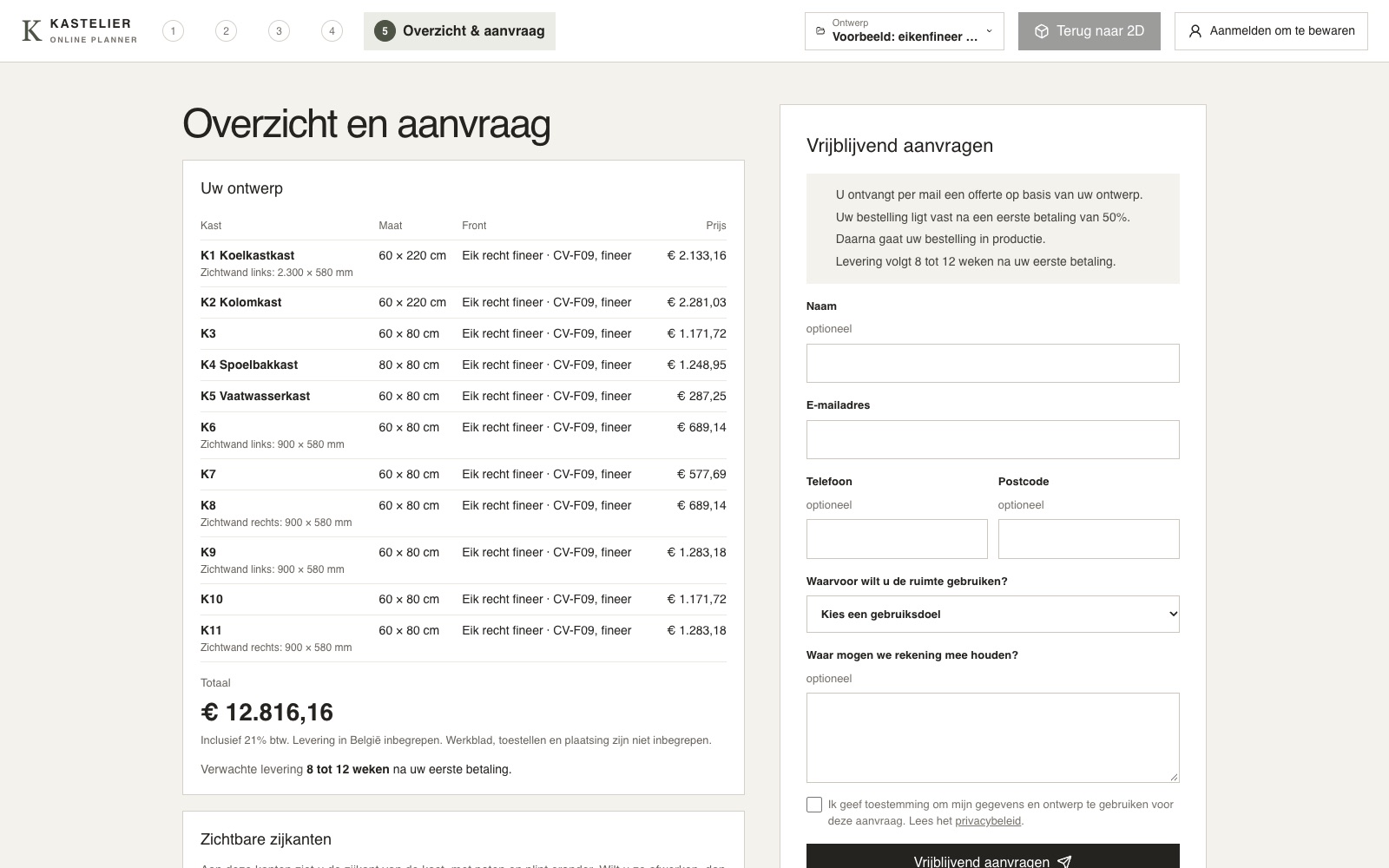 Schermbeeld uit de configurator: het overzicht met elke kast, haar maat, front en prijs, en het totaal inclusief 21% btw