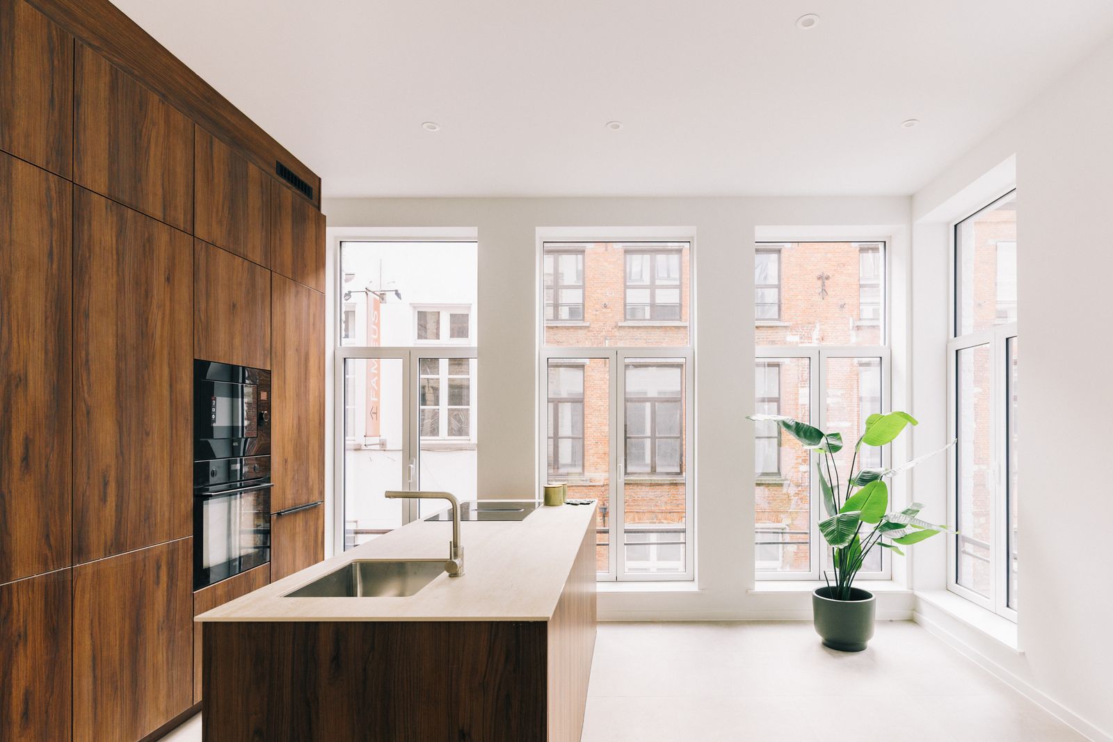 Eiland met spoelbak voor de ramen, kastenwand links