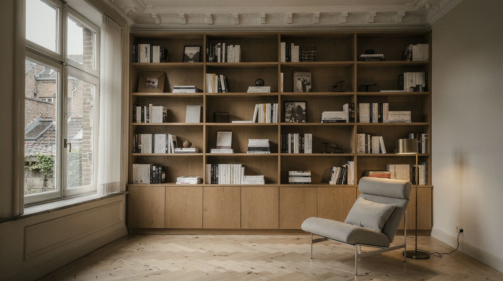 Sfeerbeeld: Boekenwand met kasten eronder.