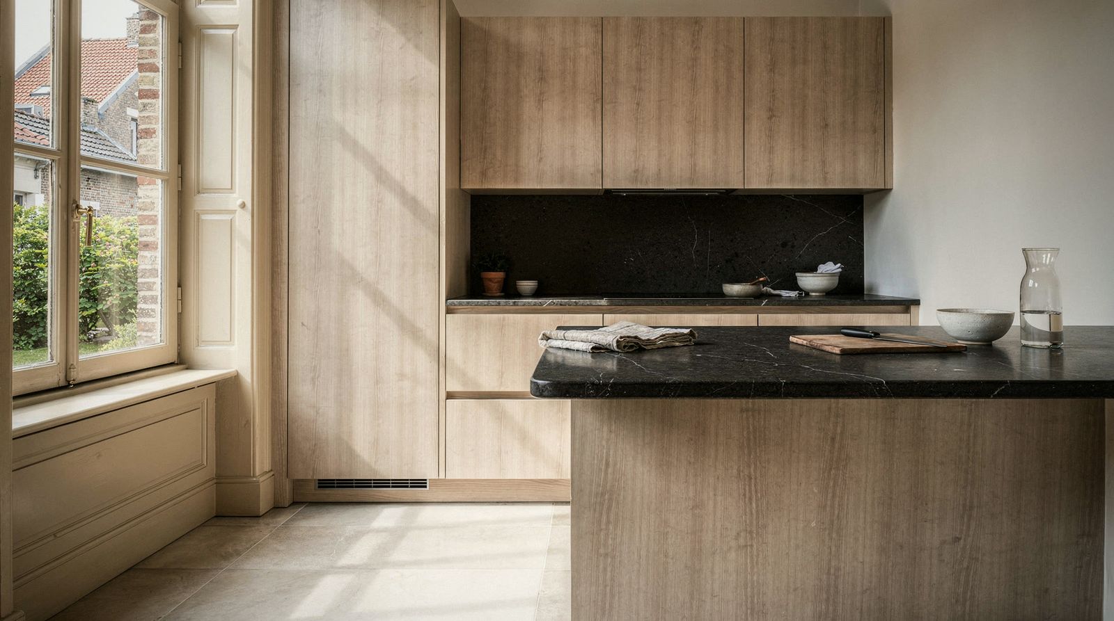 Sfeerbeeld: keuken in licht eiken met een donker stenen blad